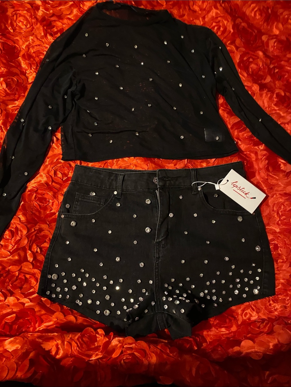 Lipstick crop top and shorts with embellishments